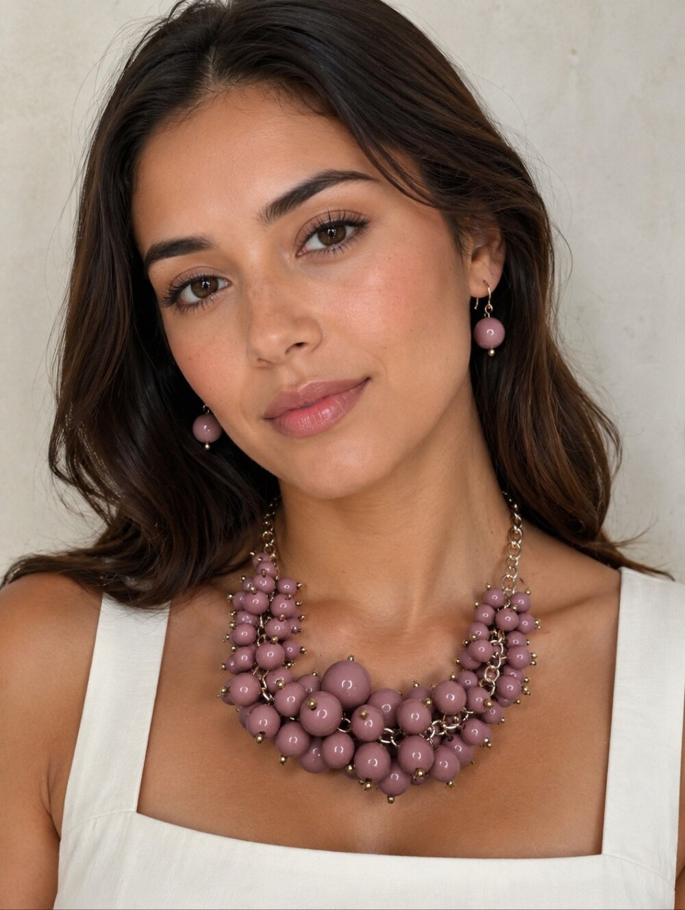 Large Chunky Mauve Bubble Beaded Cluster Gold Chain Bib Necklace & Earrings Set